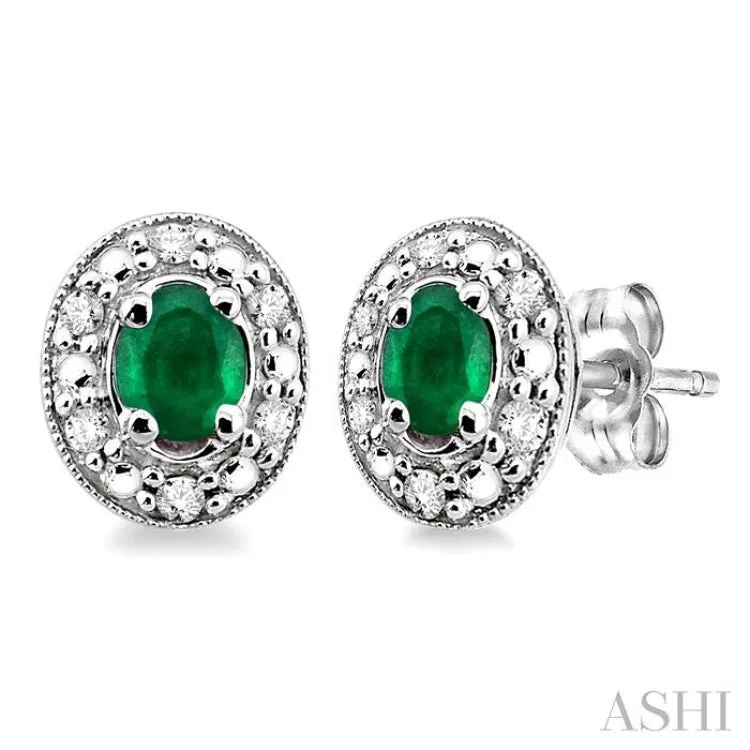 4x3mm Oval Shaped Emerald and 1/10 Ctw Single Cut Diamond Earrings in 10K White Gold