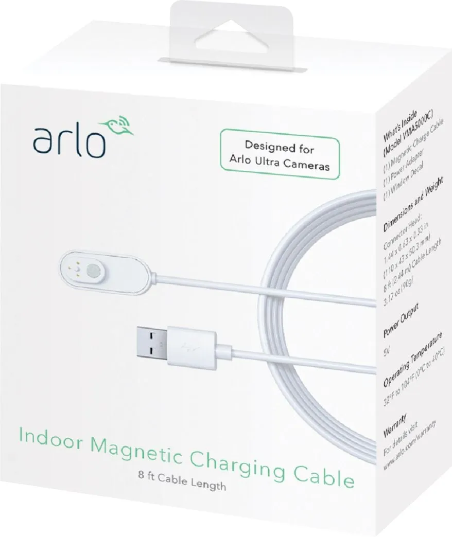 8' Indoor Magnetic Charging Cable for Arlo Ultra/Pro 3 Security Cameras - White