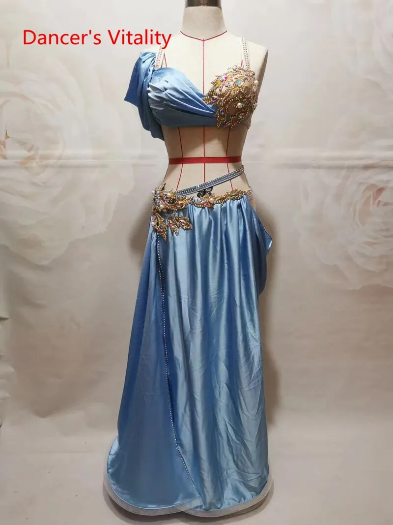 Belly Dance Performance Costume Set for Women Customized Hand Made Stones Bra split Stain Skirt 2pcs Female Oriental Dance Wear