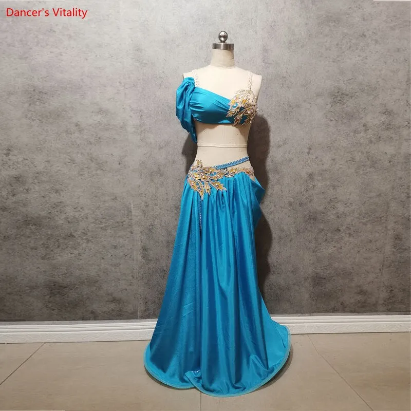 Belly Dance Performance Costume Set for Women Customized Hand Made Stones Bra split Stain Skirt 2pcs Female Oriental Dance Wear