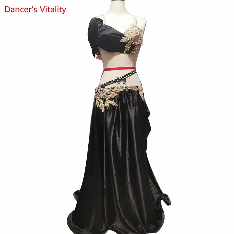 Belly Dance Performance Costume Set for Women Customized Hand Made Stones Bra split Stain Skirt 2pcs Female Oriental Dance Wear