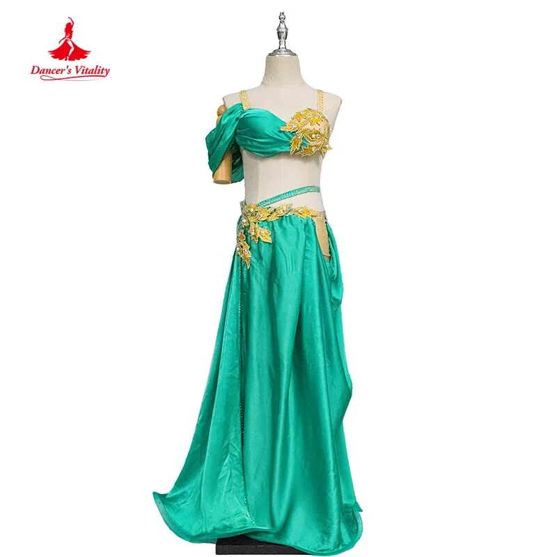 Belly Dance Performance Costume Set for Women Customized Hand Made Stones Bra split Stain Skirt 2pcs Female Oriental Dance Wear