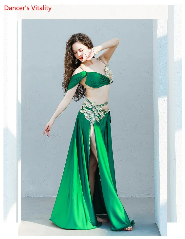 Belly Dance Performance Costume Set for Women Customized Hand Made Stones Bra split Stain Skirt 2pcs Female Oriental Dance Wear