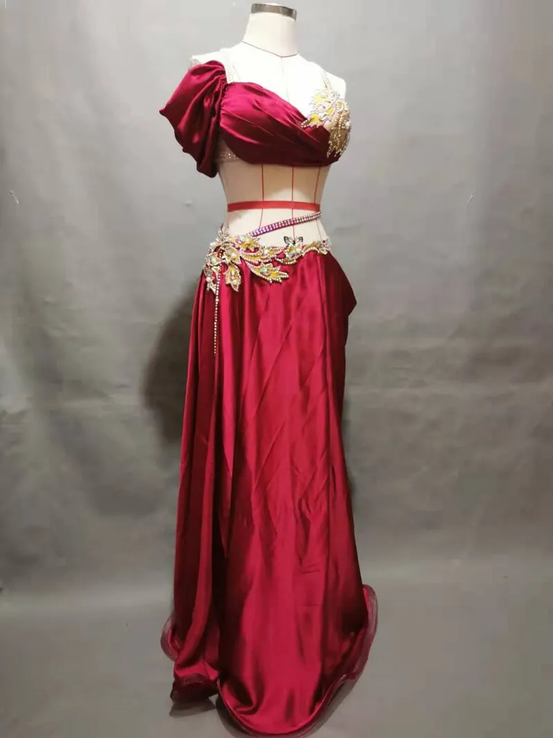 Belly Dance Performance Costume Set for Women Customized Hand Made Stones Bra split Stain Skirt 2pcs Female Oriental Dance Wear