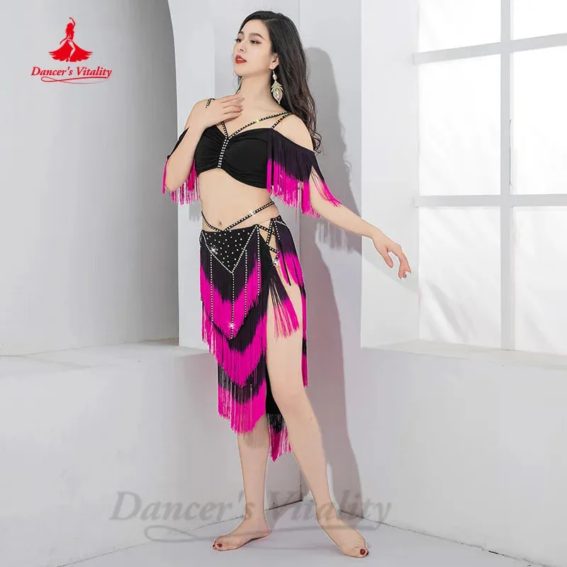 Belly Dancing Performance Set Customized Light Luxury Rhinestone Top Sexy Split Tassels Skirt 2pcs Women Oriental Dance Clothing