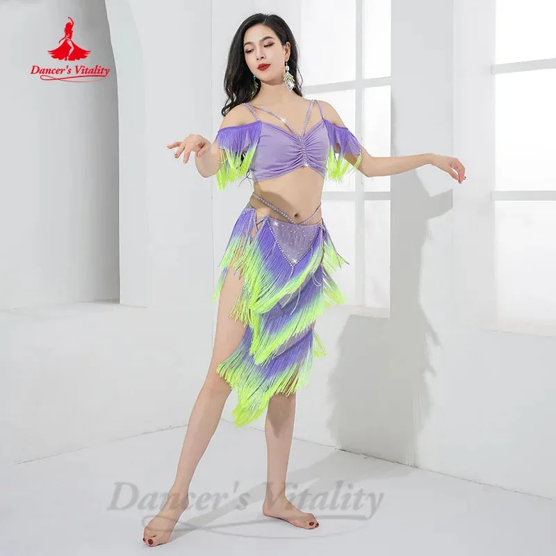 Belly Dancing Performance Set Customized Light Luxury Rhinestone Top Sexy Split Tassels Skirt 2pcs Women Oriental Dance Clothing