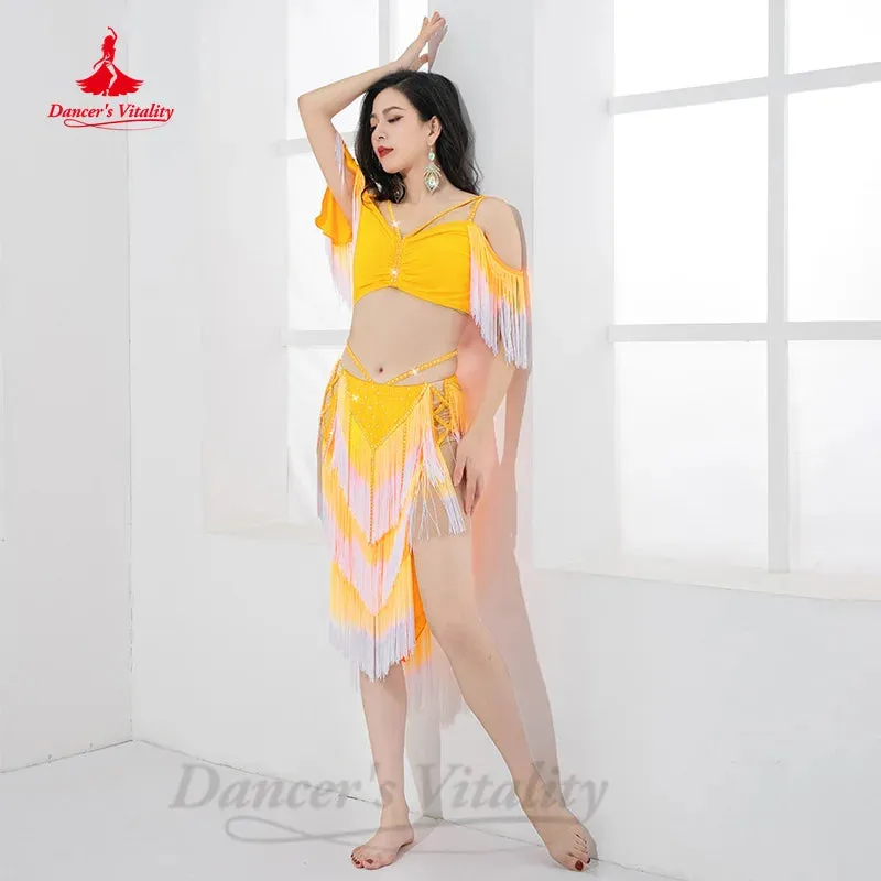 Belly Dancing Performance Set Customized Light Luxury Rhinestone Top Sexy Split Tassels Skirt 2pcs Women Oriental Dance Clothing