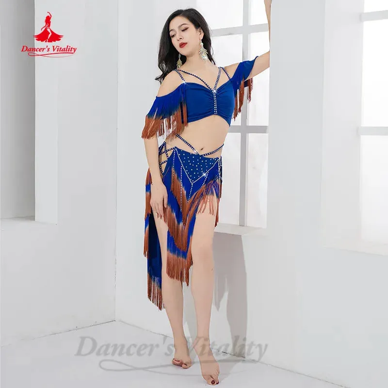 Belly Dancing Performance Set Customized Light Luxury Rhinestone Top Sexy Split Tassels Skirt 2pcs Women Oriental Dance Clothing