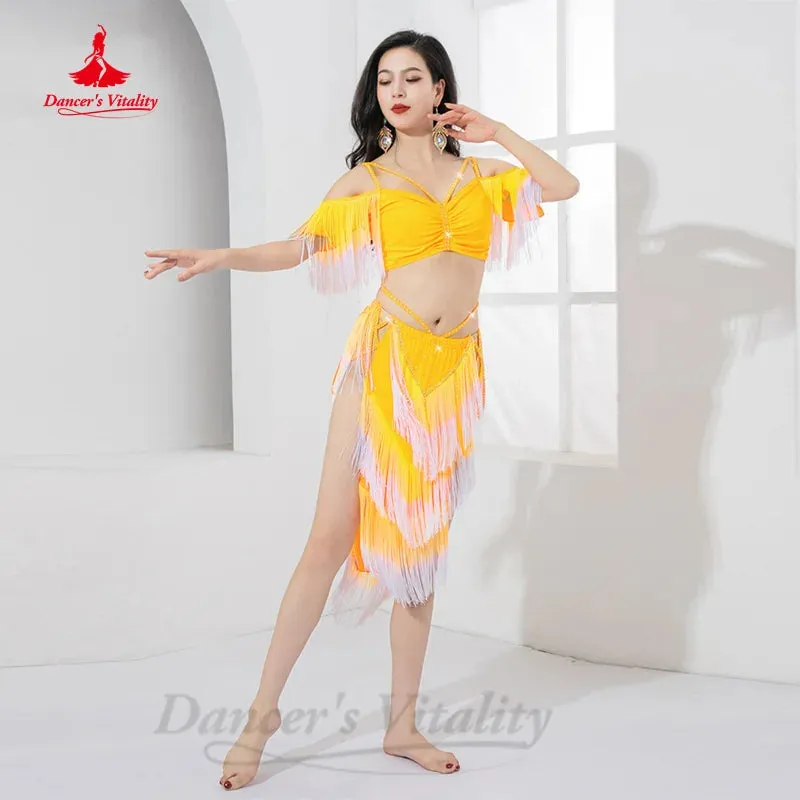 Belly Dancing Performance Set Customized Light Luxury Rhinestone Top Sexy Split Tassels Skirt 2pcs Women Oriental Dance Clothing