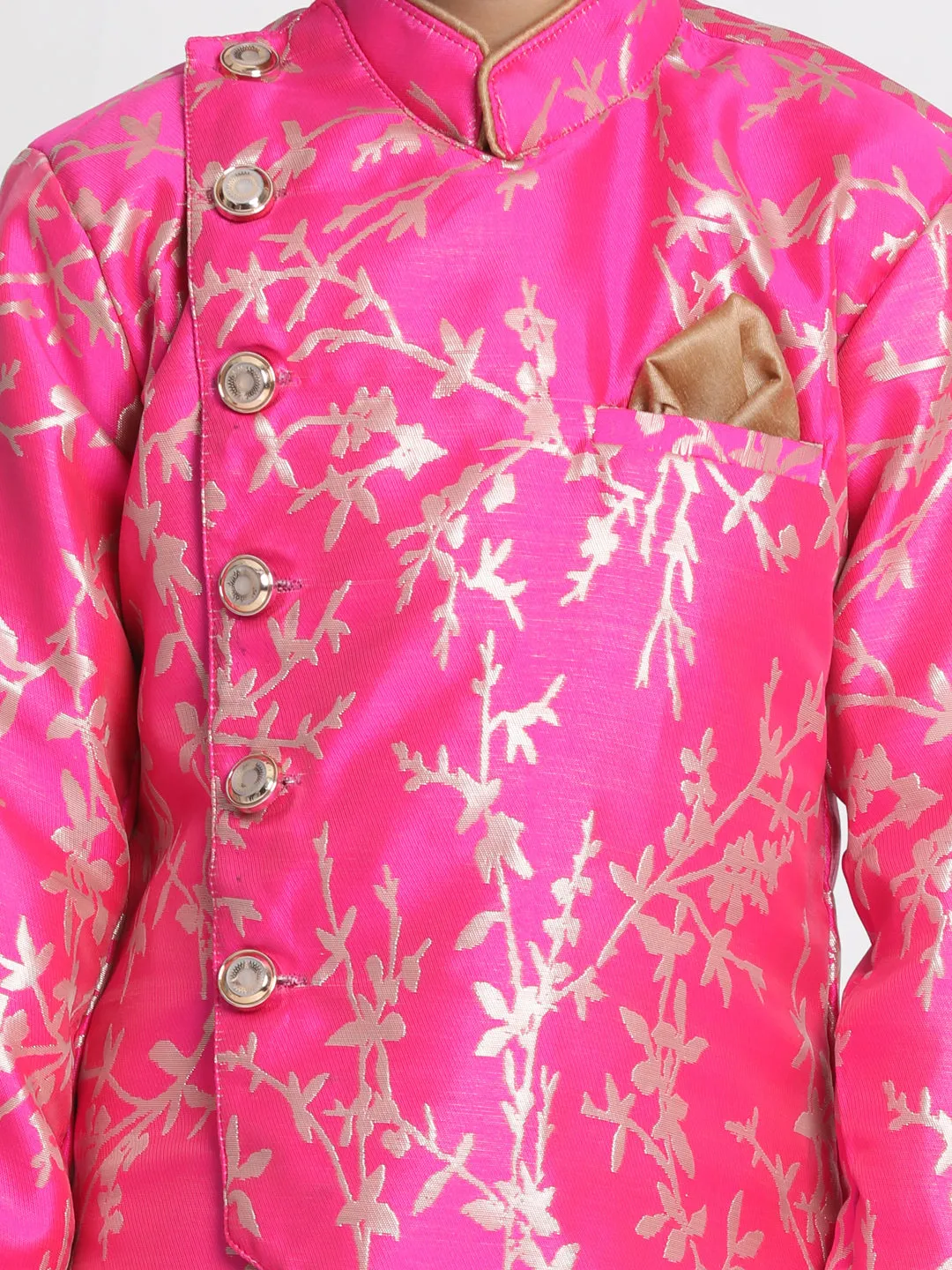 Boy's Ultra Pink And Rose Gold Silk Blend Indowestern Sherwani And Dhoti Set - JBN Creation