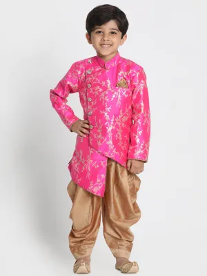 Boy's Ultra Pink And Rose Gold Silk Blend Indowestern Sherwani And Dhoti Set - JBN Creation