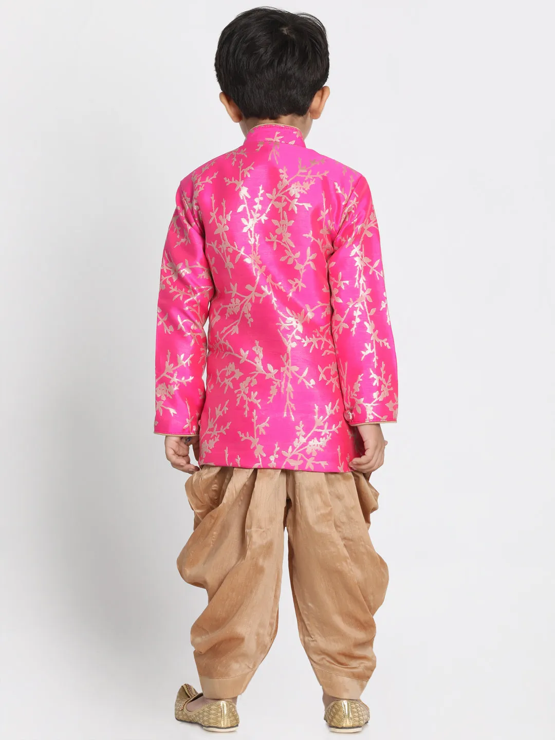 Boy's Ultra Pink And Rose Gold Silk Blend Indowestern Sherwani And Dhoti Set - JBN Creation