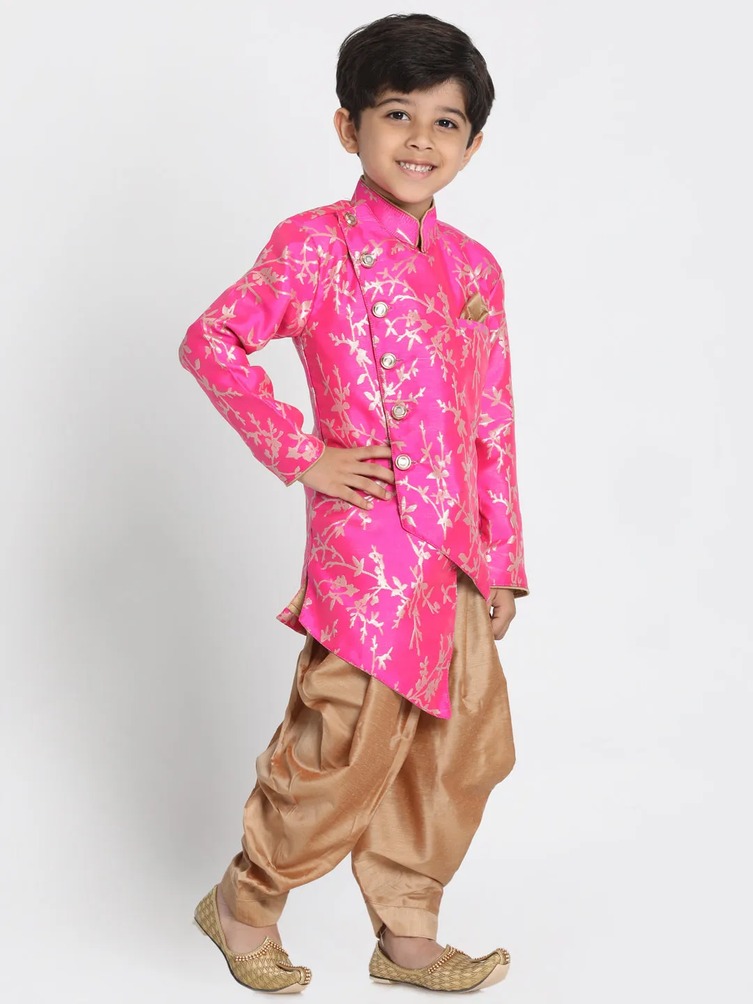 Boy's Ultra Pink And Rose Gold Silk Blend Indowestern Sherwani And Dhoti Set - JBN Creation