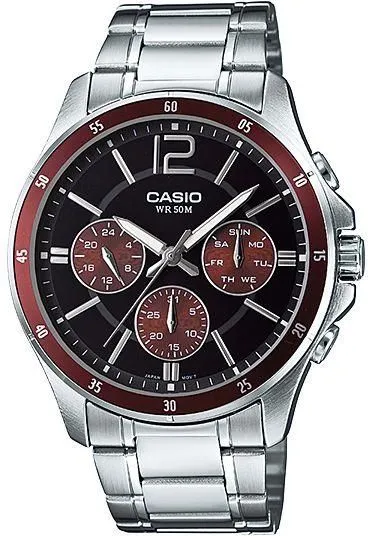 Casio Men's Watch Analog, Black & Maroon Dial Silver Stainless Steel Strap, MTP-1374D-5AVDF