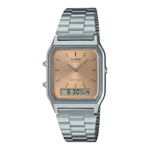 Casio Vintage Unisex Watch Analog-Digital Beige Dial With Silver Stainless Steel Band, AQ-230A-4AMQYDF