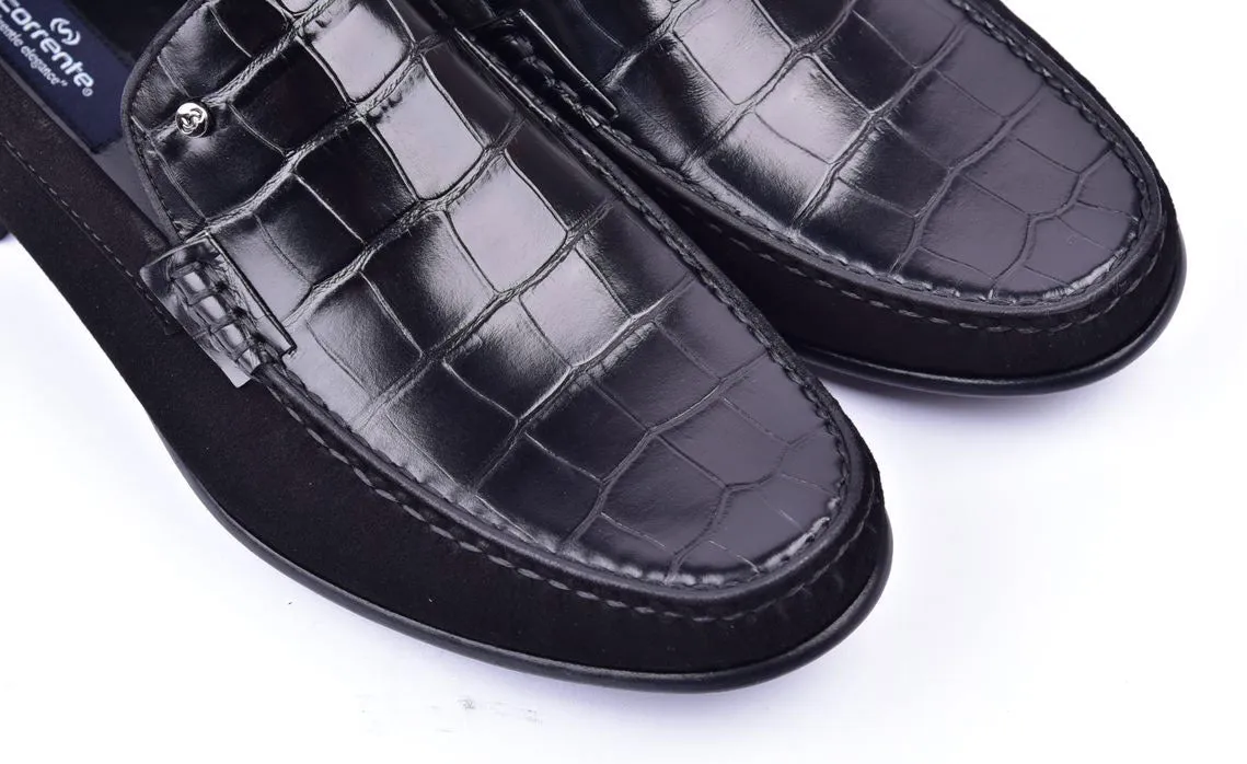 Corrente Crocodile Embossed Calfskin & Suede Loafer Black