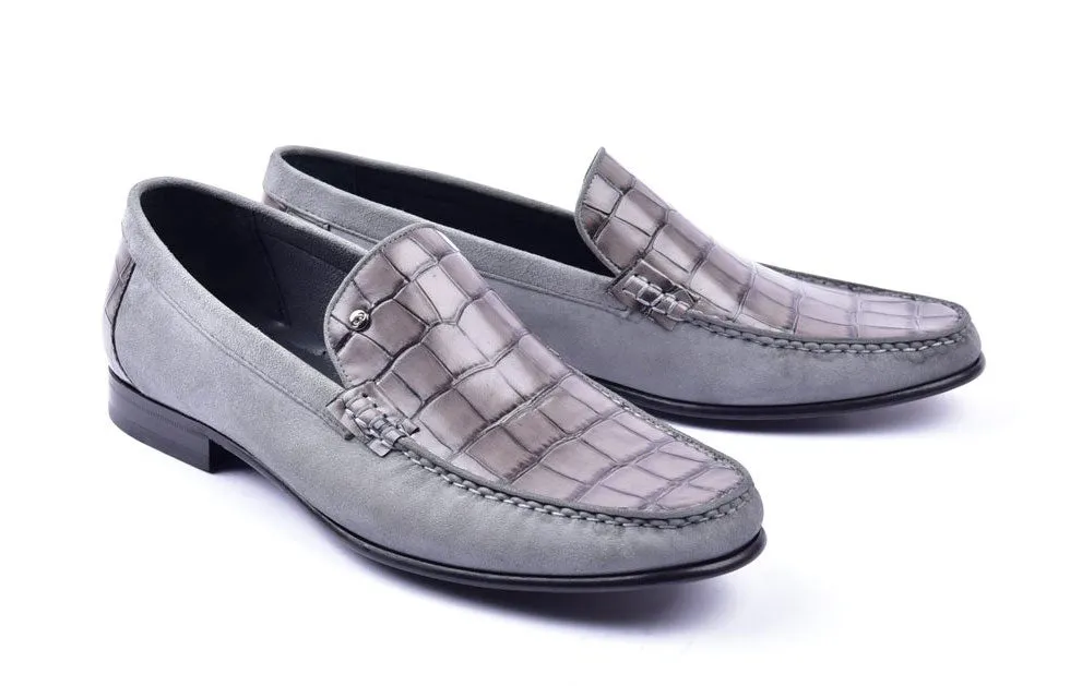 Corrente Crocodile Embossed Calfskin & Suede Loafer Grey