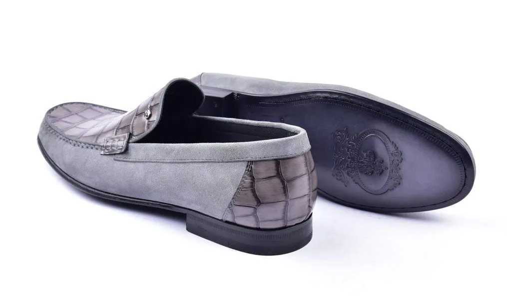 Corrente Crocodile Embossed Calfskin & Suede Loafer Grey