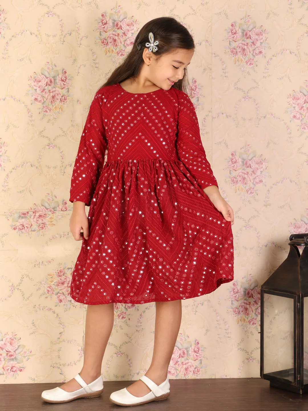 Jashvi Girl's Maroon Mirror Kurta