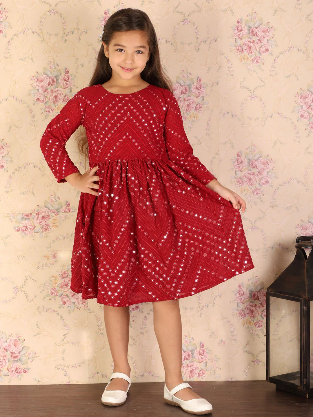 Jashvi Girl's Maroon Mirror Kurta