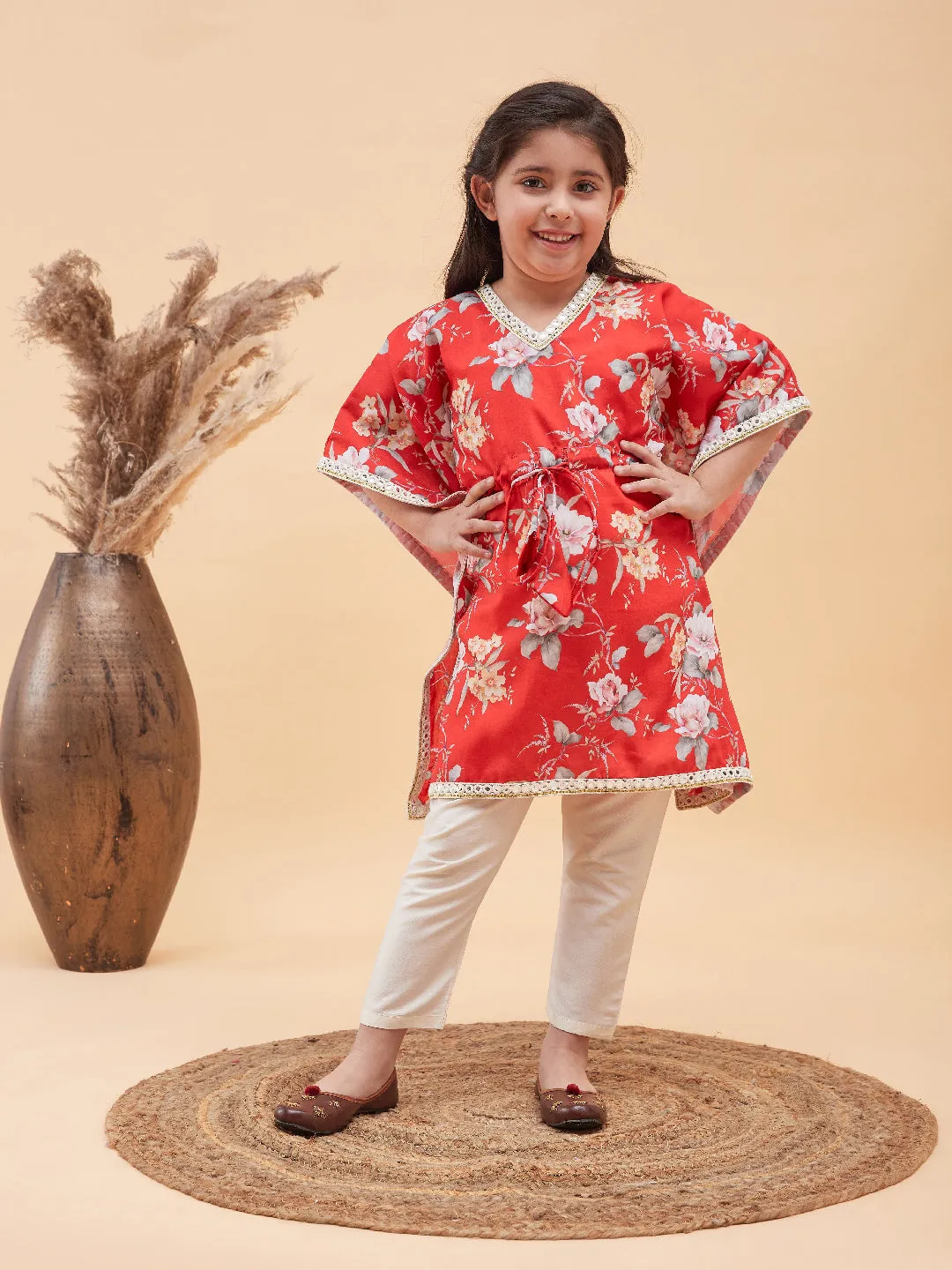 Jashvi Girls Red Floral Printed Kaftan Kurta With Cream Pant Set