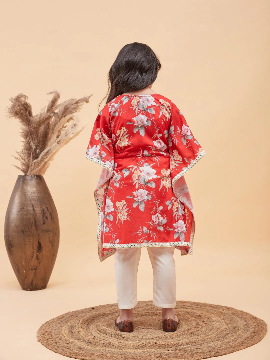 Jashvi Girls Red Floral Printed Kaftan Kurta With Cream Pant Set