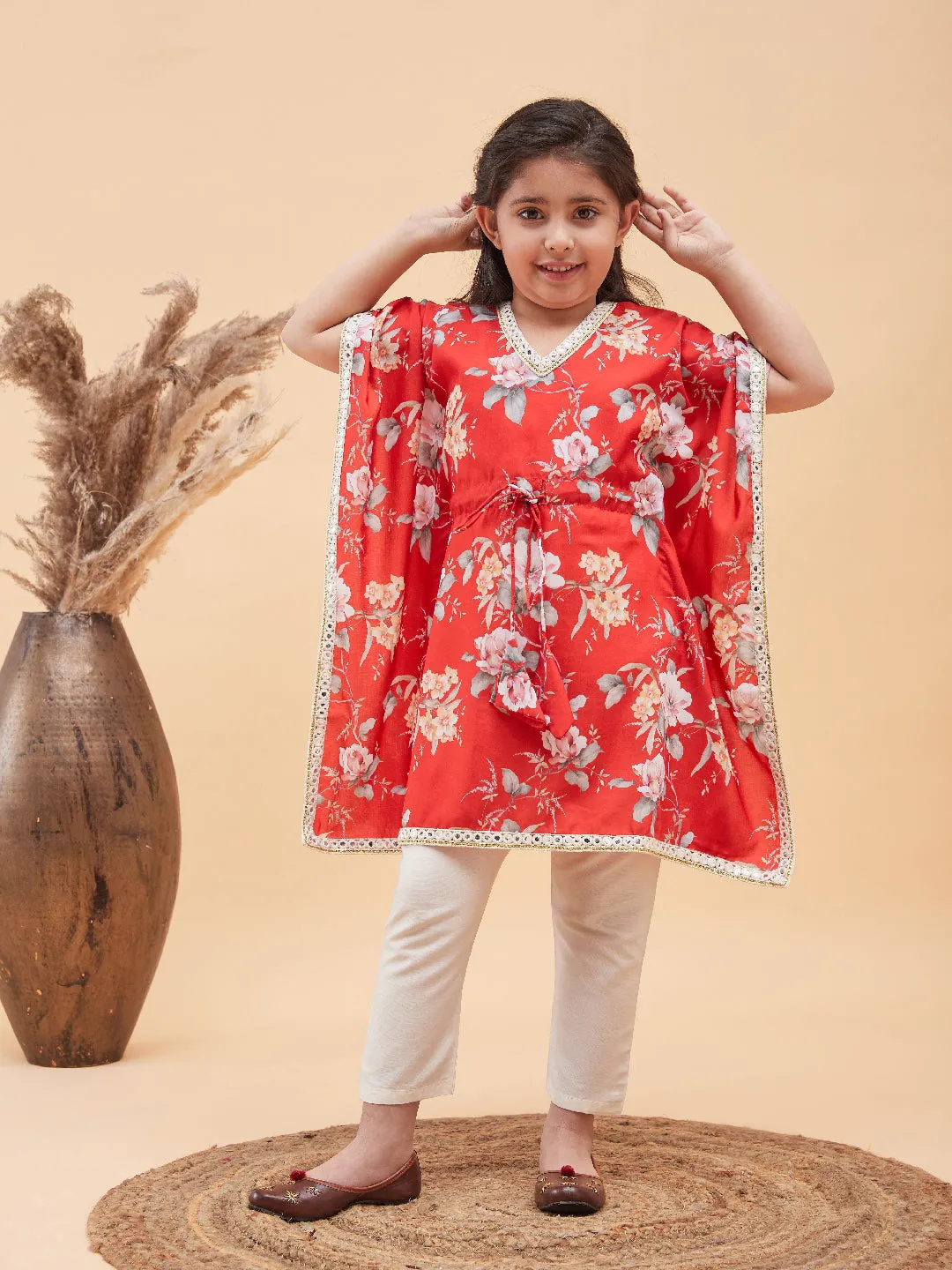 Jashvi Girls Red Floral Printed Kaftan Kurta With Cream Pant Set