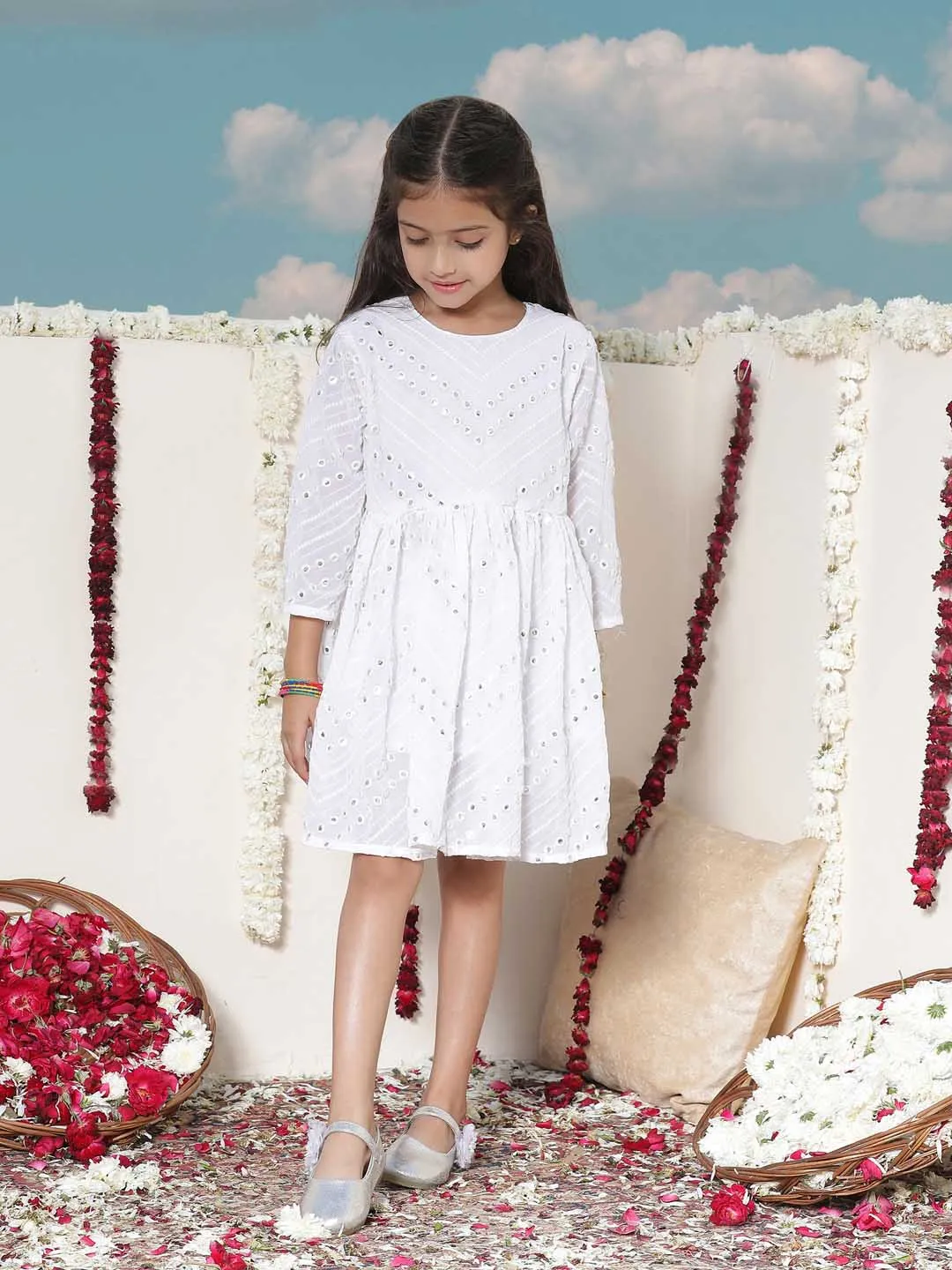 Jashvi Girl's White Mirror Kurta