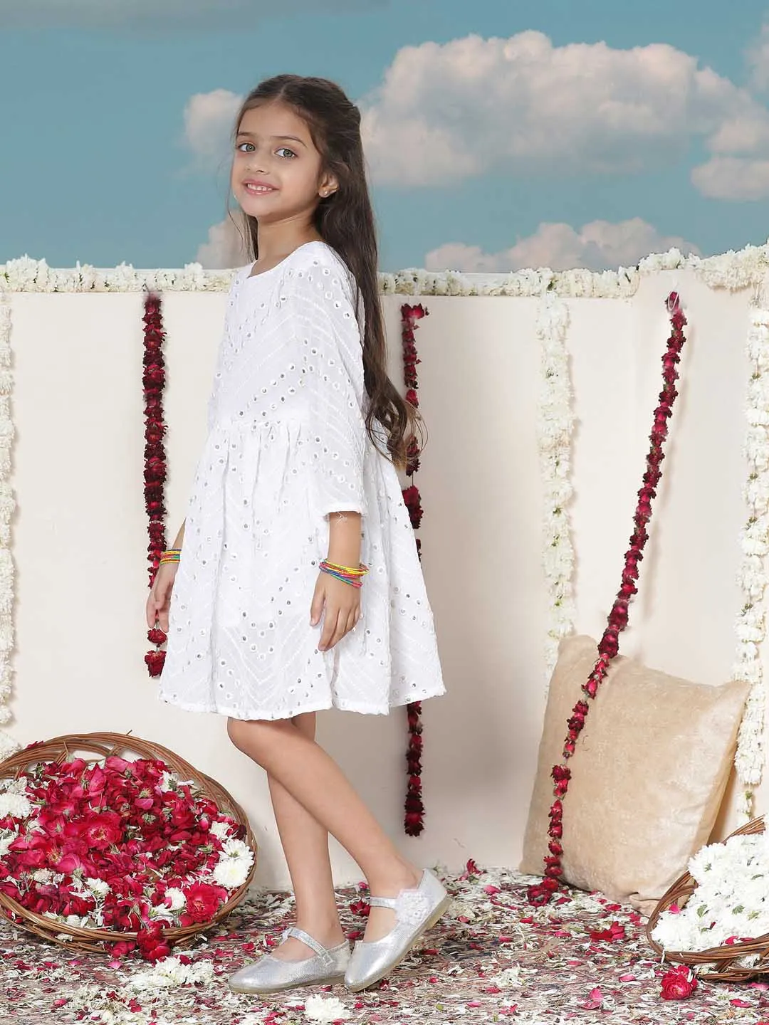 Jashvi Girl's White Mirror Kurta