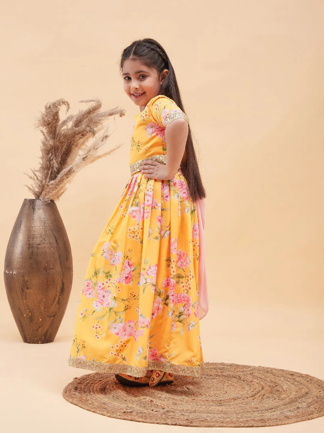 Jashvi Girl's Yellow Floral Print Lehenga Set