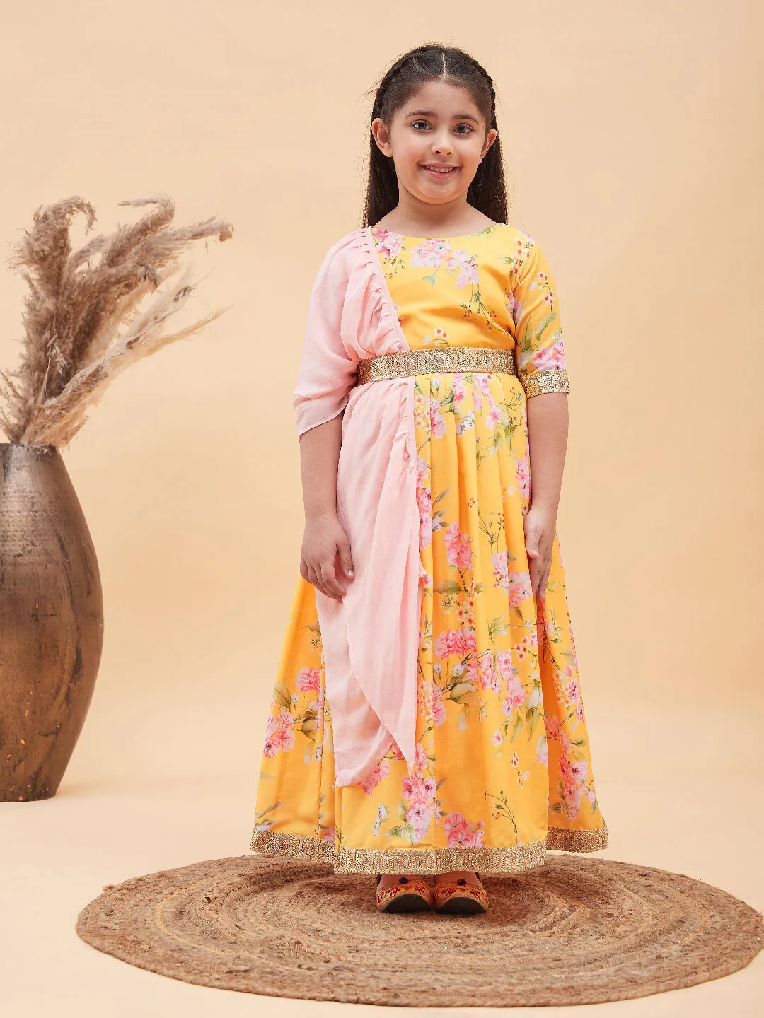 Jashvi Girl's Yellow Floral Print Lehenga Set