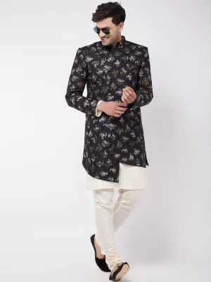 Jashvi Men's Black Angrakha Style Indo Western Over Cream Kurta Pyjama Set