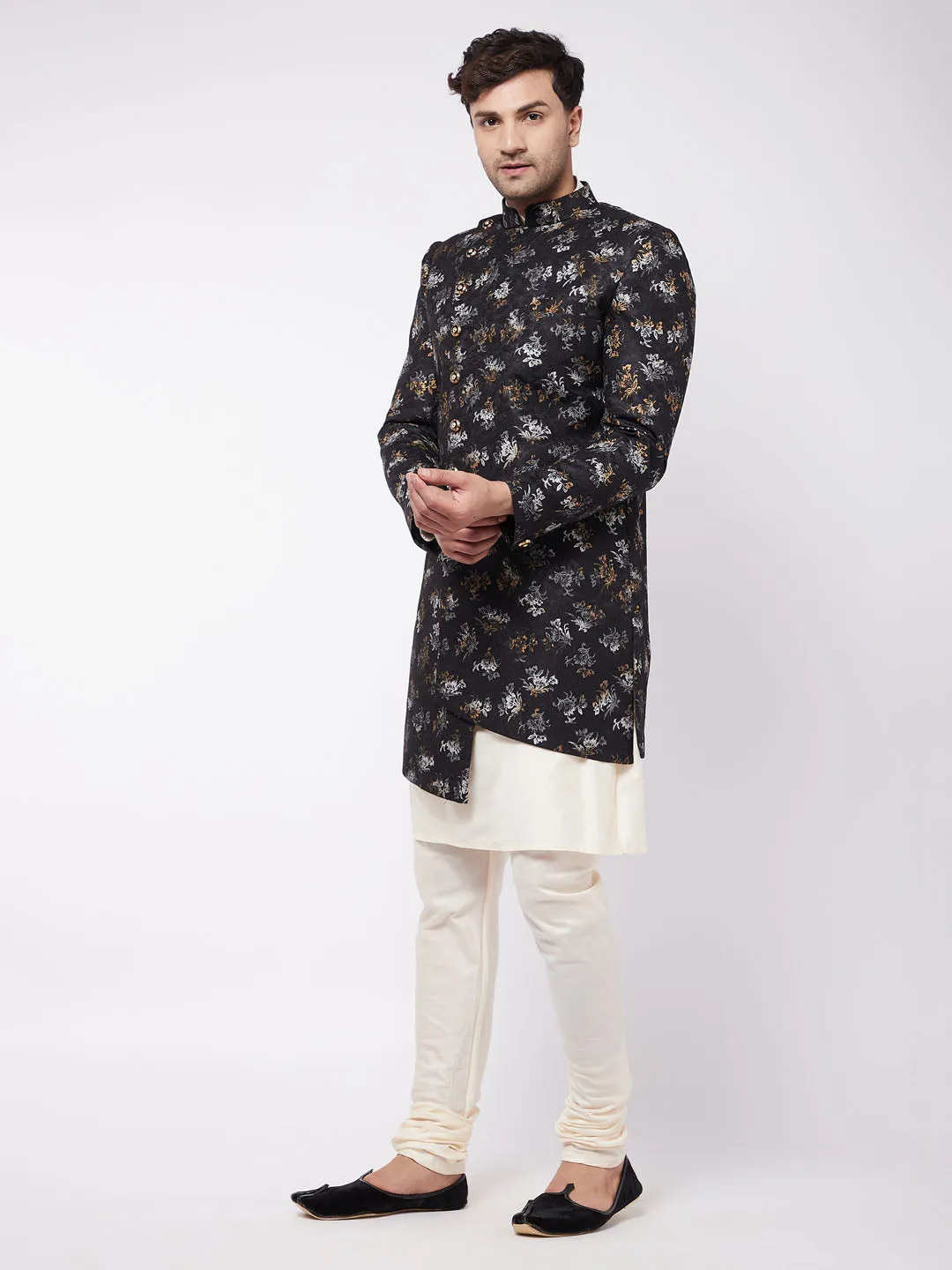 Jashvi Men's Black Angrakha Style Indo Western Over Cream Kurta Pyjama Set