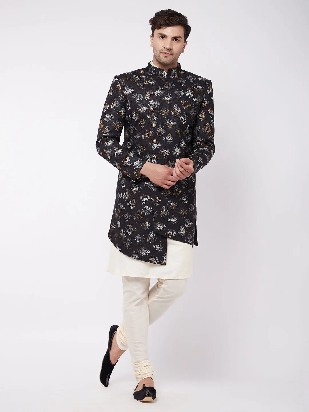 Jashvi Men's Black Angrakha Style Indo Western Over Cream Kurta Pyjama Set