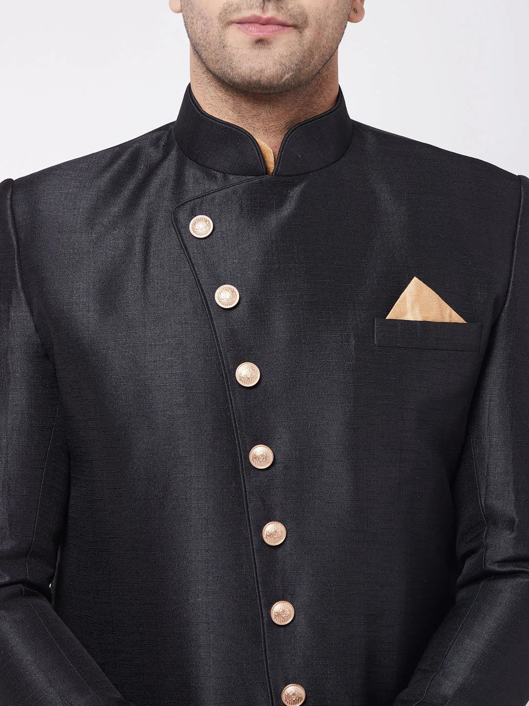 Jashvi Men's Black Angrakha Style Indo Western Over Rose Gold Kurta Pyjama Set