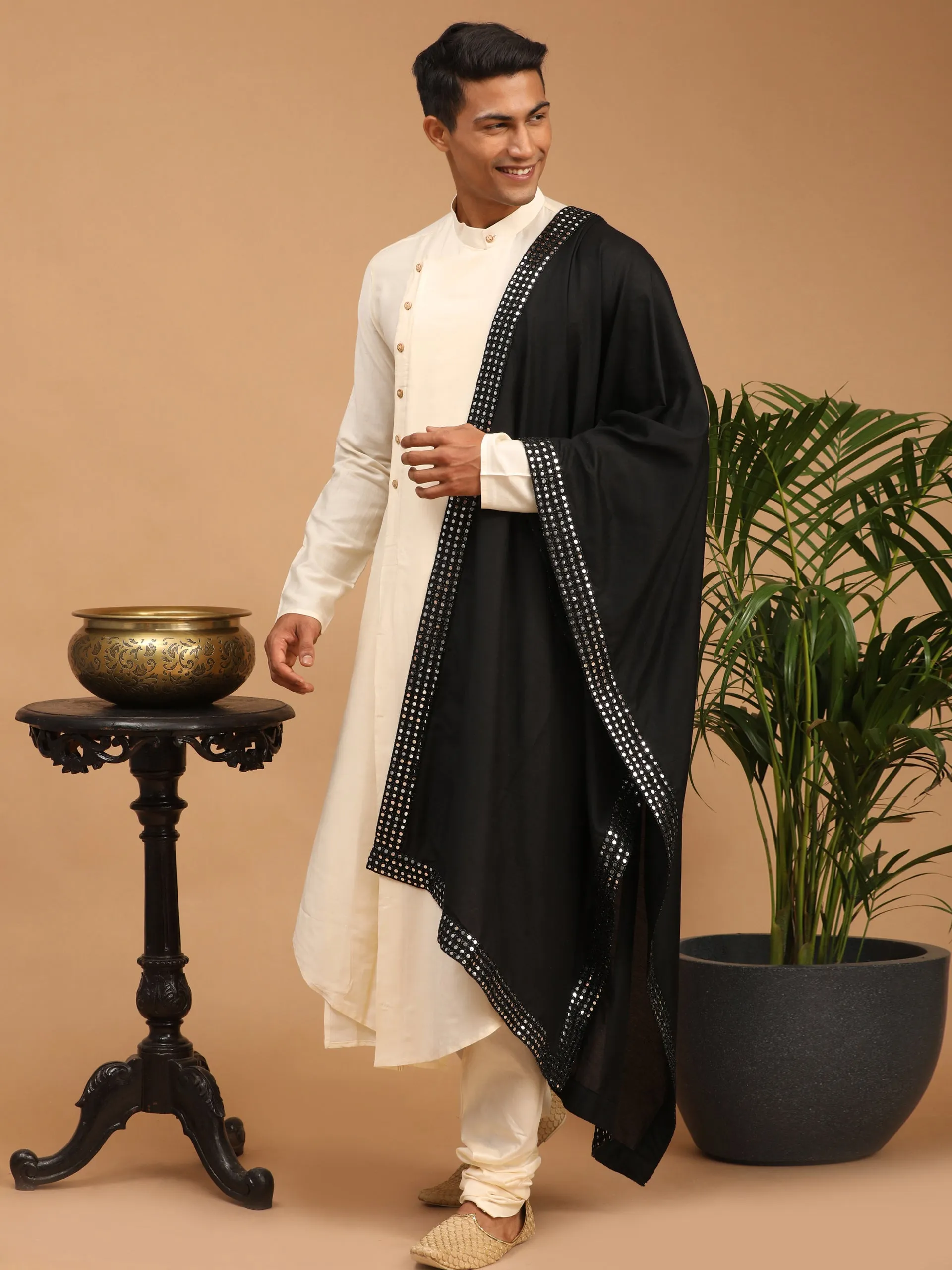 Jashvi Men's Black Viscose Mirror Work Ethnic Dupatta