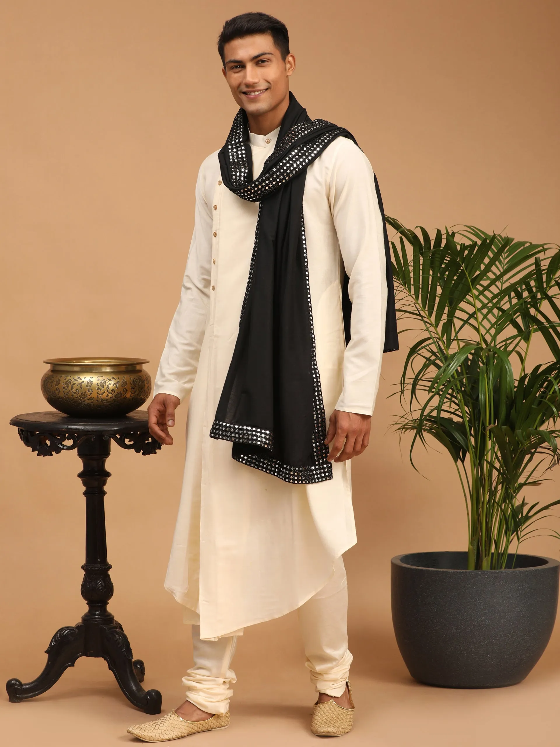 Jashvi Men's Black Viscose Mirror Work Ethnic Dupatta