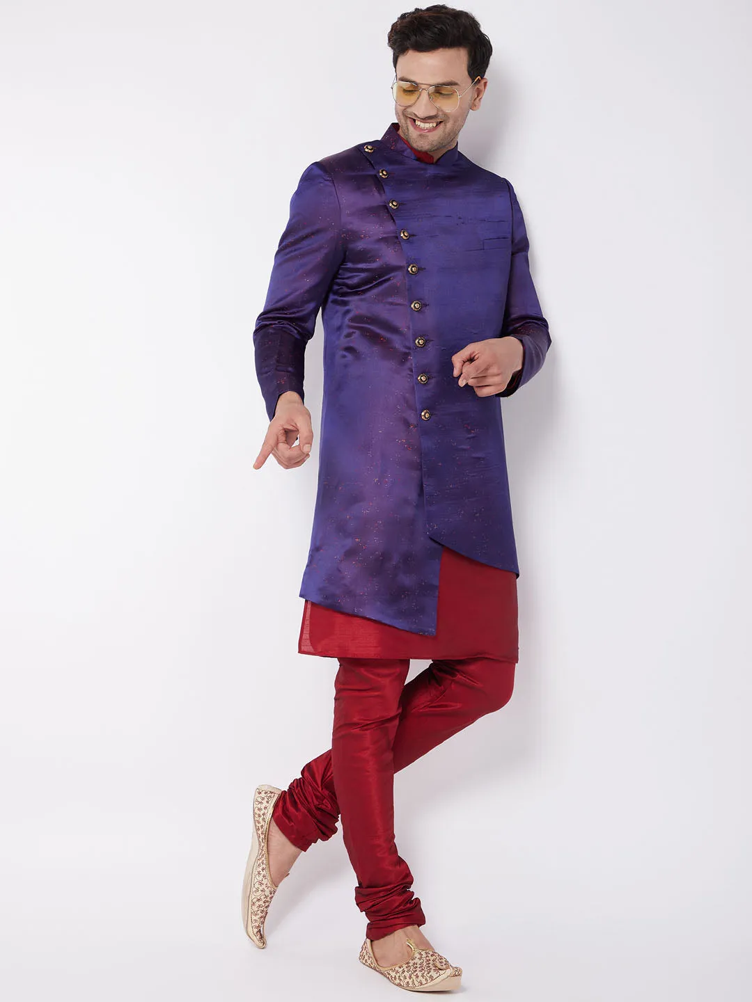 Jashvi Men's Purple Angrakha Style Indo Western Over Maroon Kurta Pyjama Set