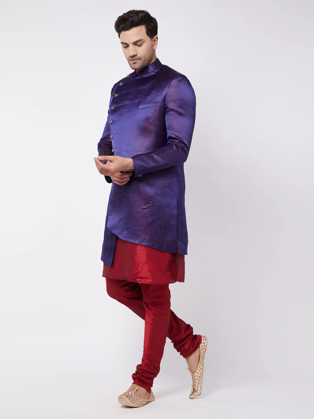 Jashvi Men's Purple Angrakha Style Indo Western Over Maroon Kurta Pyjama Set