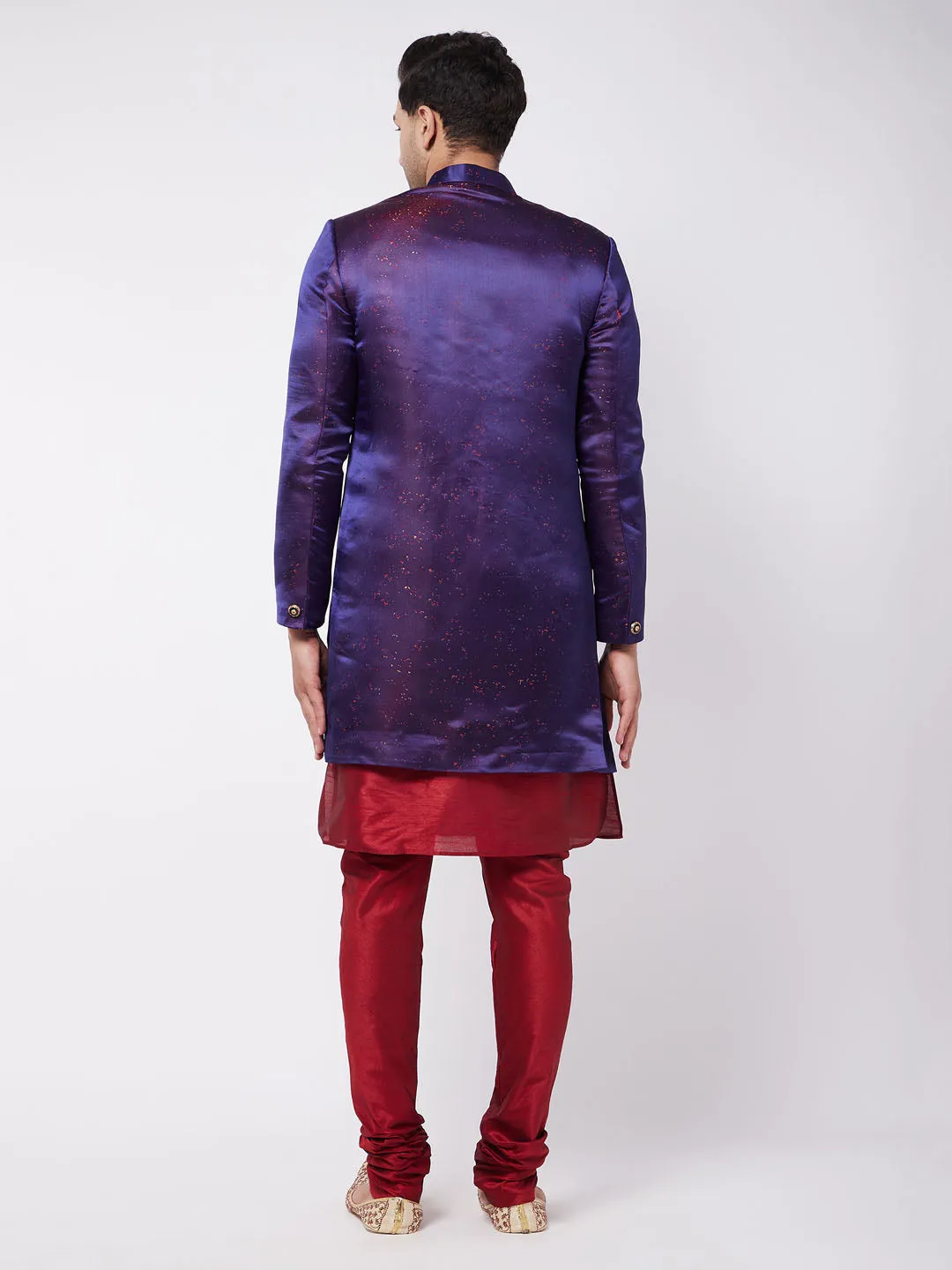 Jashvi Men's Purple Angrakha Style Indo Western Over Maroon Kurta Pyjama Set