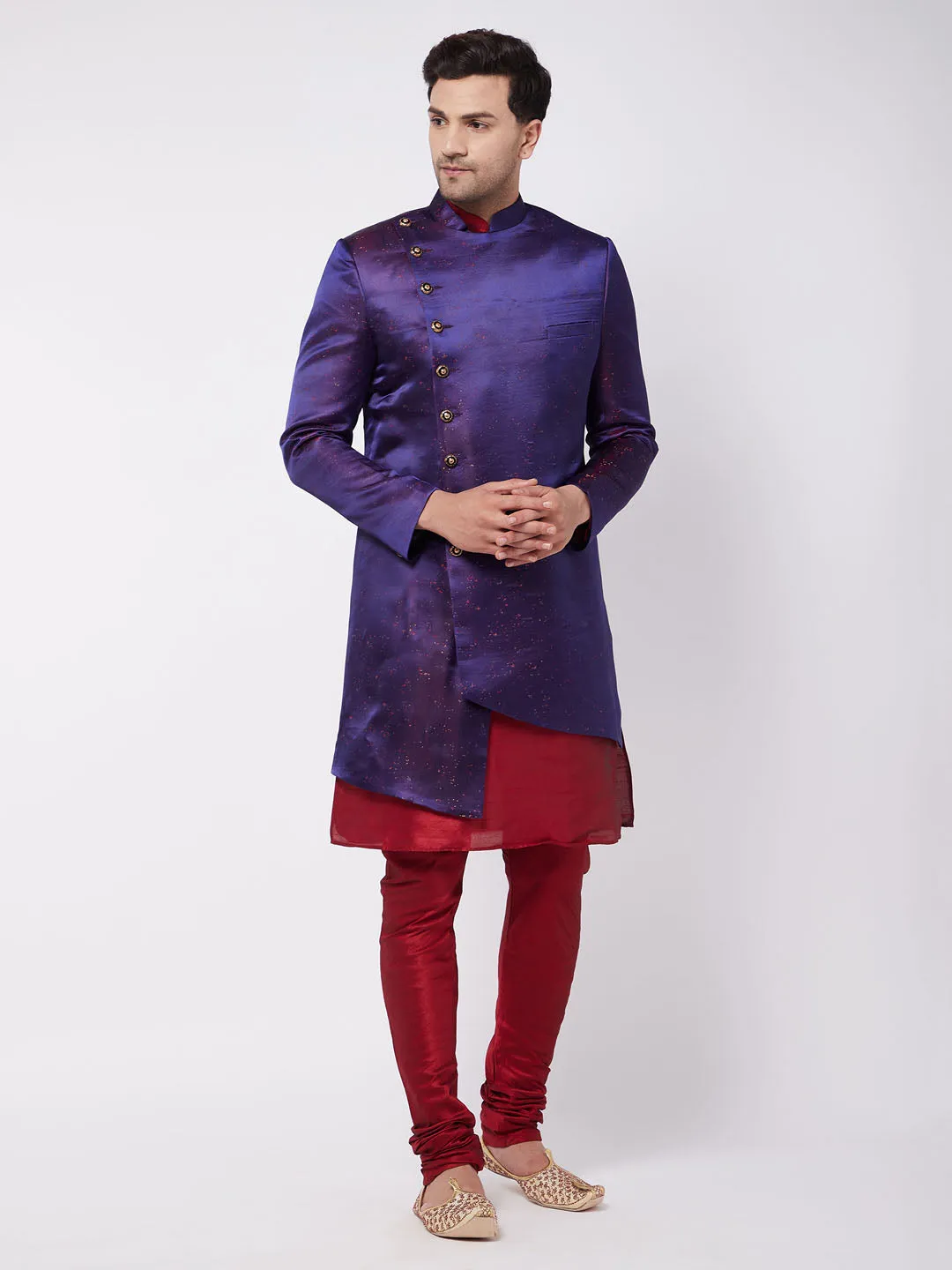 Jashvi Men's Purple Angrakha Style Indo Western Over Maroon Kurta Pyjama Set