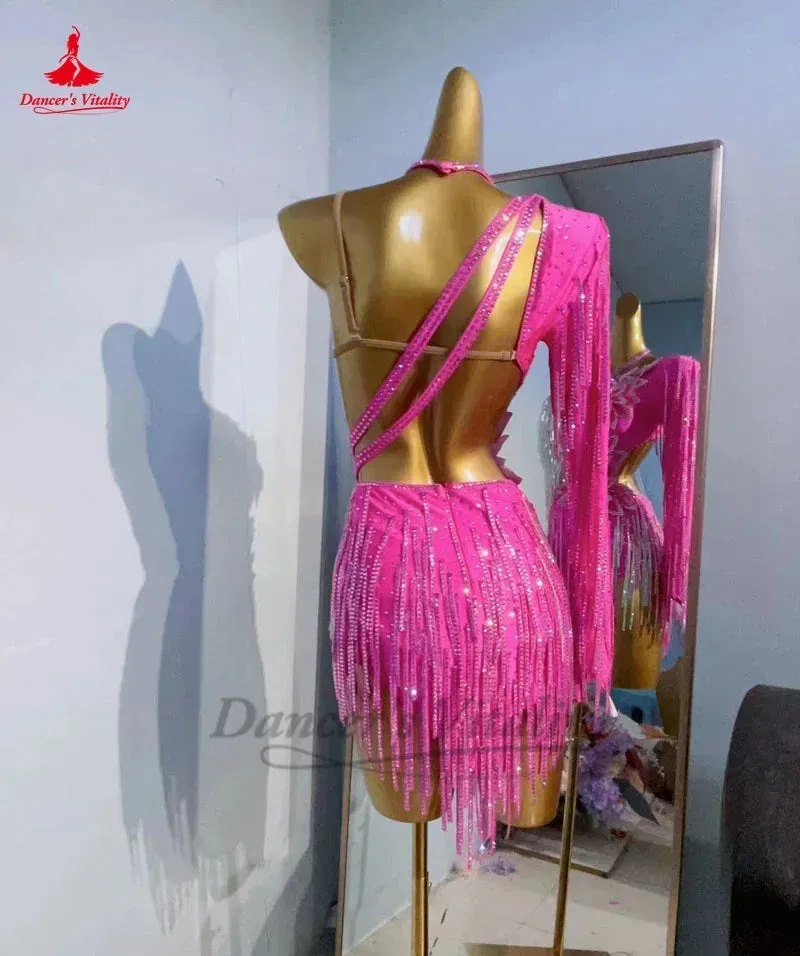 Latin Dance Dress Women Customsized High-end Single Sleeves Spandex Rumba Chacha Tango Skirt Costume Girl's Latin Fringe Dress