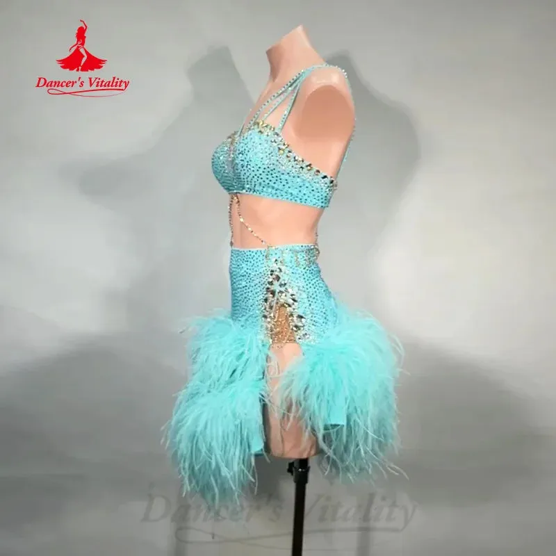 Latin Dance High End Feather Dress Women's Customized Luxury Rhinestone Dresses Chacha Samba Professional Performance Costume