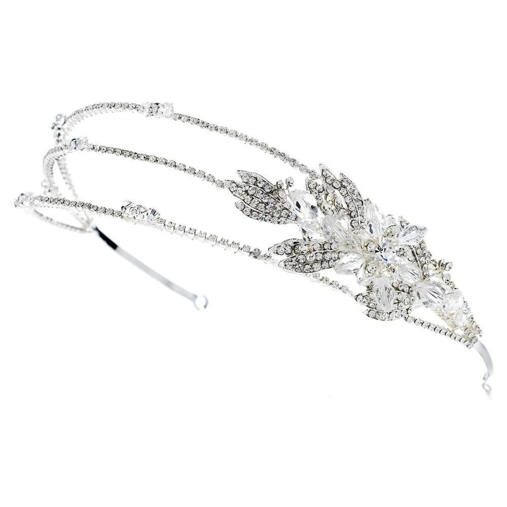 Silver Princess Cut Austrian Crystal Beaded Floral Leaf Triple Headband