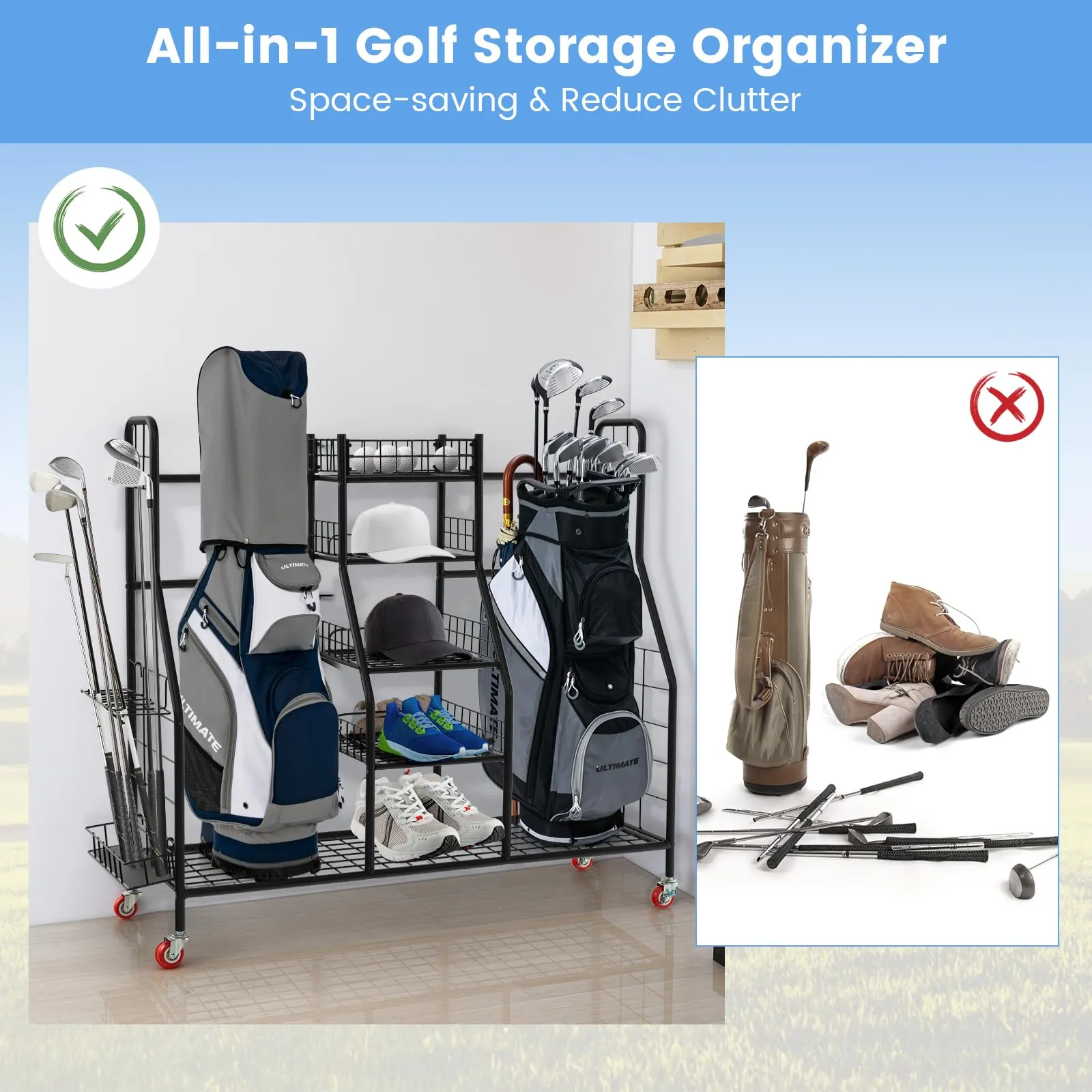 Tangkula Golf Bag Storage Rack for Garage, Heavy Duty Metal Double Golf Bag Storage Rack with Removable Golf Club Stand